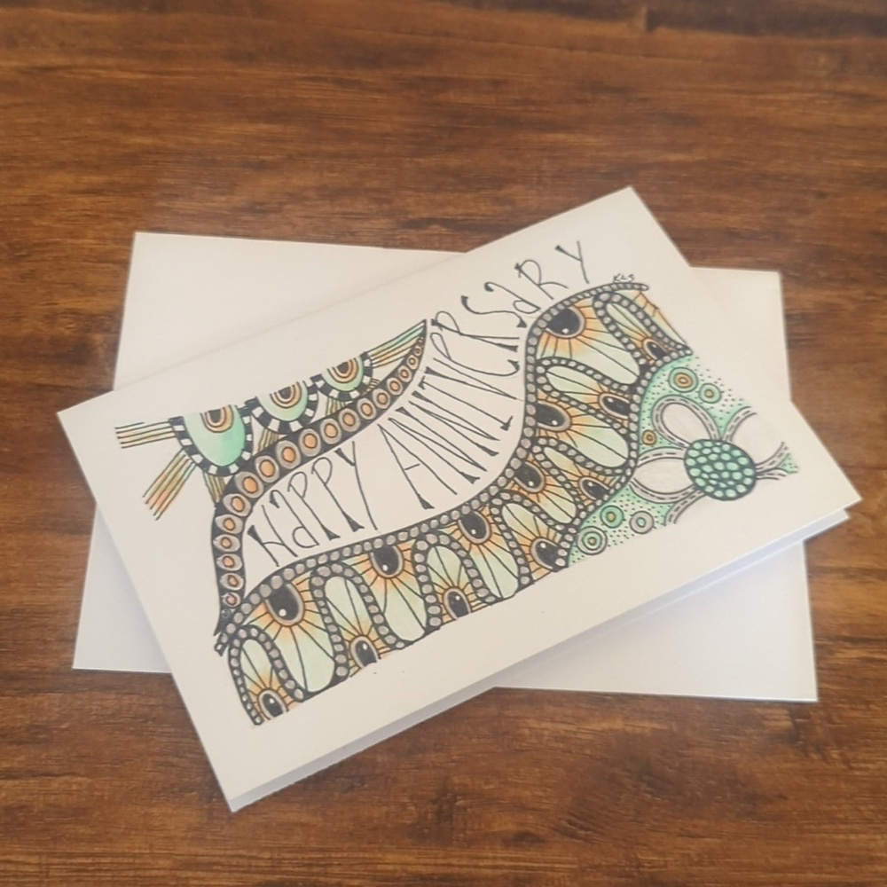 🌻 5/$20 Handmade Floral  Happy Anniversary Zentangle Card- Orange And Green